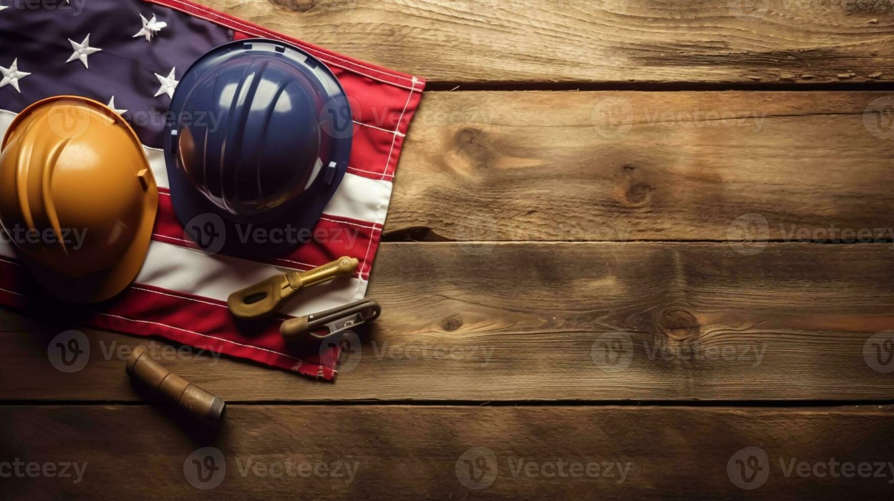 americano bandeira com segurança capacete e Ferramentas em de madeira fundo. trabalho dia conceito, generativo ai foto
