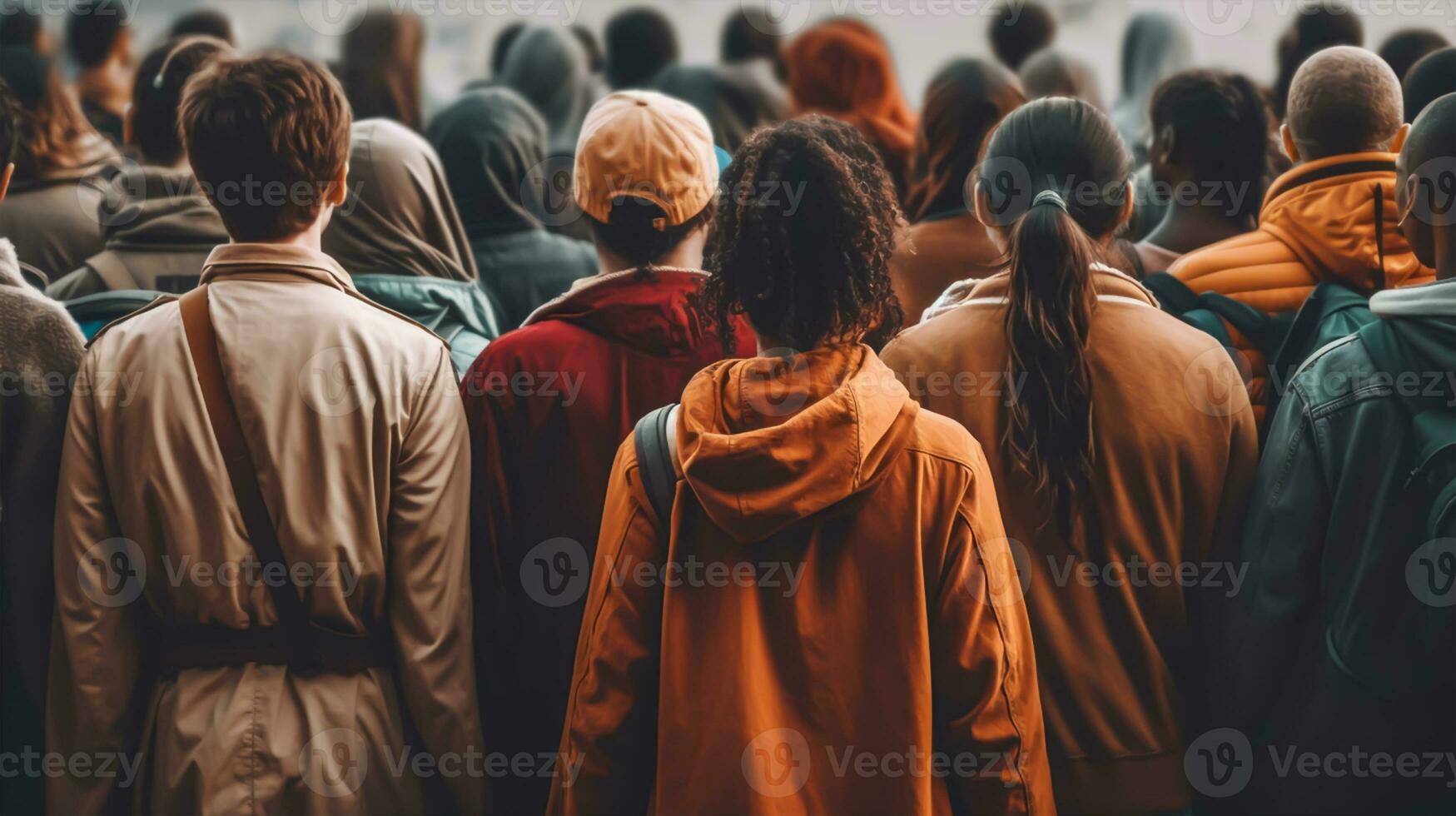 traseiro Visão do uma grupo do jovem pessoas caminhando dentro a cidade, generativo ai foto