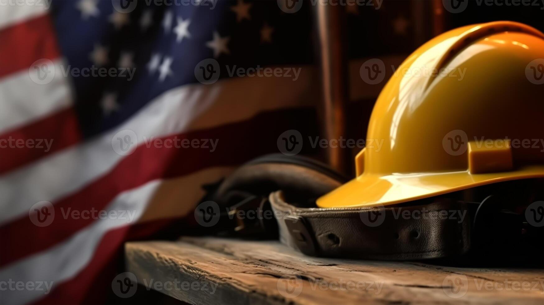 americano bandeira com segurança capacete e Ferramentas em de madeira fundo. trabalho dia conceito, generativo ai foto