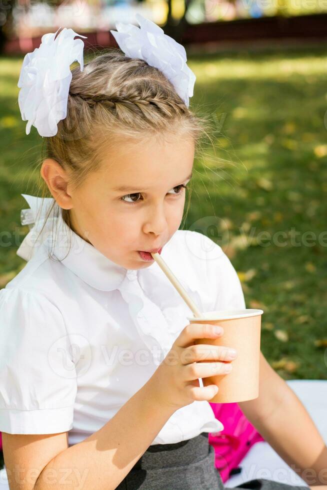 fofa pequeno estudante bebidas maçã suco a partir de a eco copo com uma Palha às uma piquenique dentro a parque. ecológico descartável talheres foto