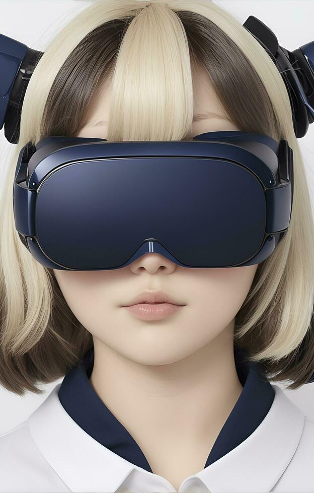 bonita jovem mulher é usando uma futurista vr óculos de proteção foto