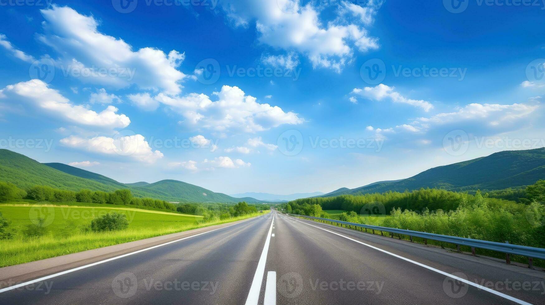ilustração imagem do panorama com país estrada, esvaziar asfalto estrada em azul nublado céu fundo. multicolorido vibrante ao ar livre horizontal imagem, generativo ai ilustração foto
