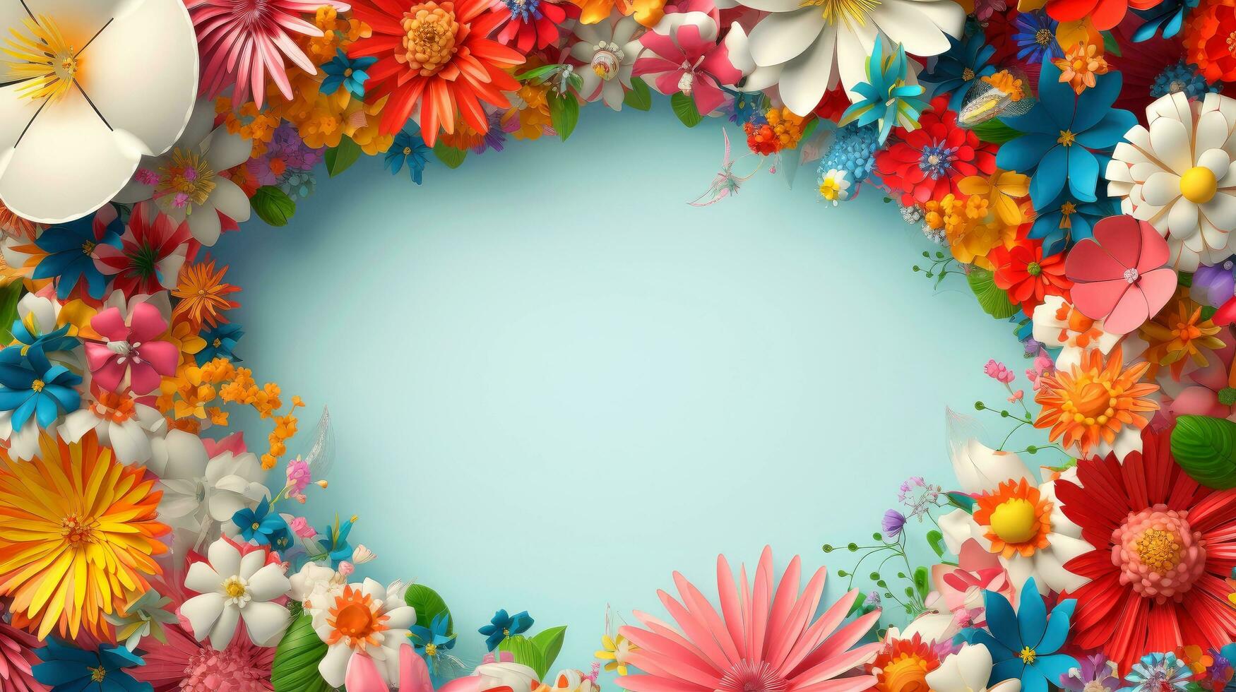 floral fronteira quadro, Armação cartão modelo. multicolorido flores, folhas, para bandeira, Casamento cartão. primavera composição com espaço de cópia, generativo ai ilustração foto