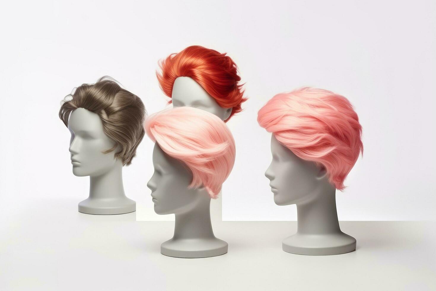 cabelo peruca sobre a plástico manequim cabeça isolado sobre a branco fundo, brincar apresentando contemporâneo homens penteados, generativo ai ilustração foto