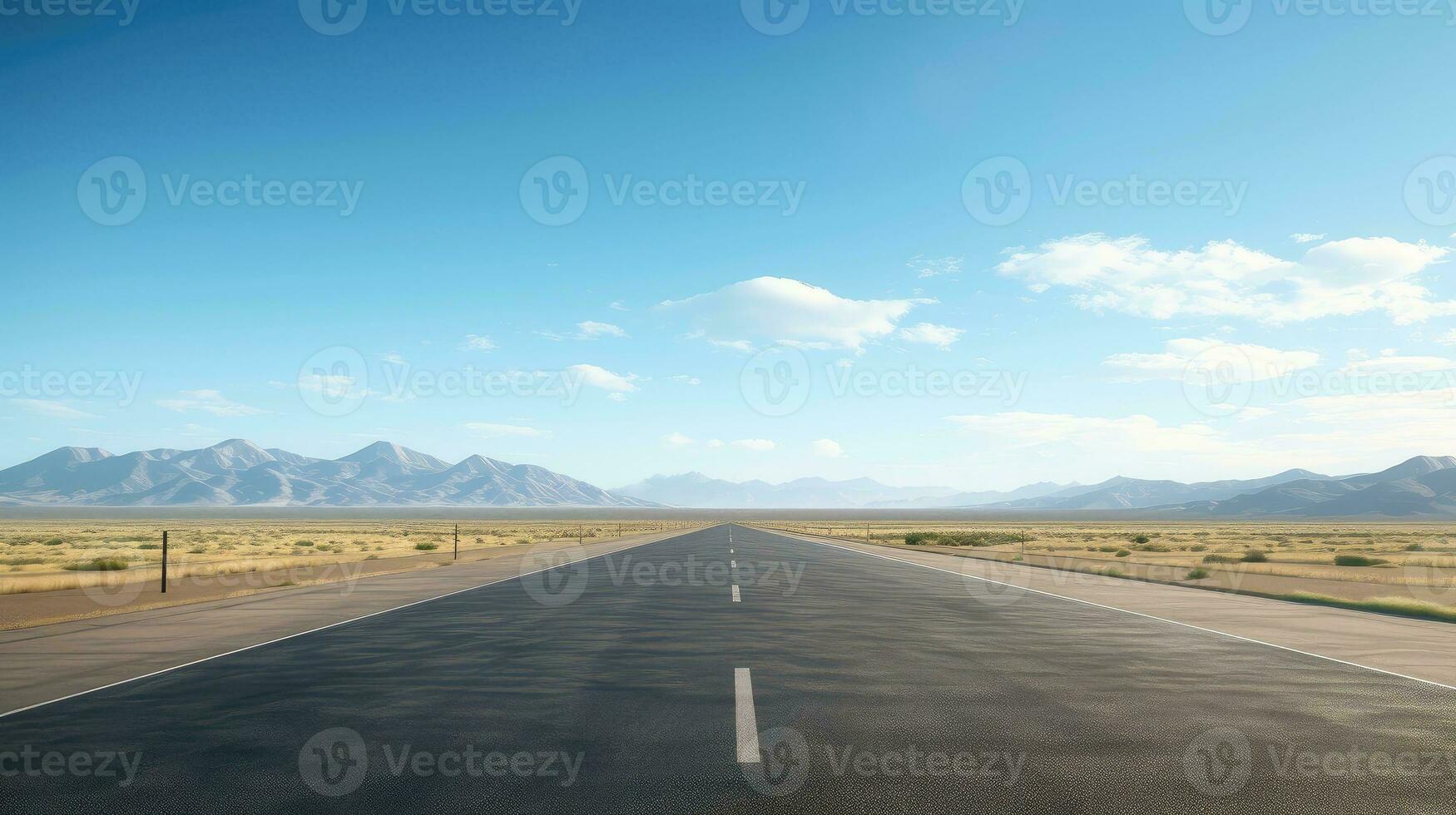 ilustração imagem do panorama com país estrada, esvaziar asfalto estrada em azul nublado céu fundo. multicolorido vibrante ao ar livre horizontal imagem, generativo ai ilustração foto