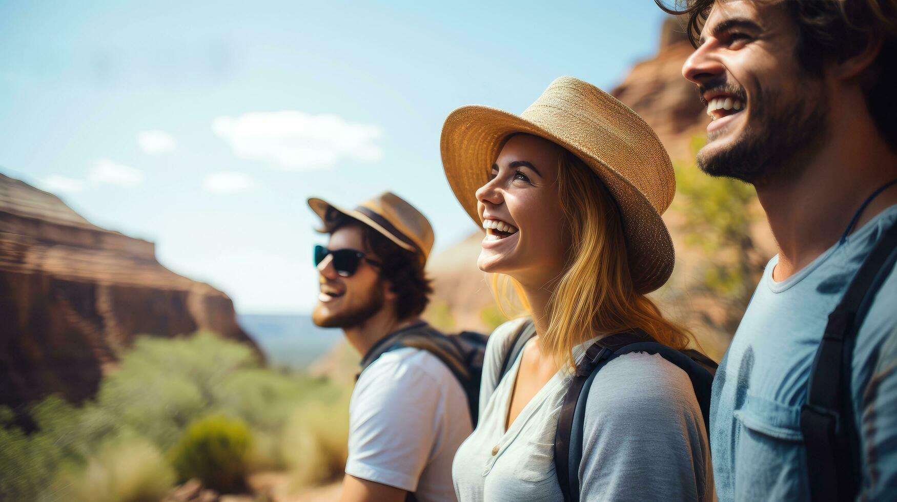 grupo do feliz amigos e rindo, turismo, viagem, pessoas partilha Boa e positivo humor, mochila acampamento caminhada viagem viagem caminhada conceito, com borrado fundo, generativo ai ilustração foto