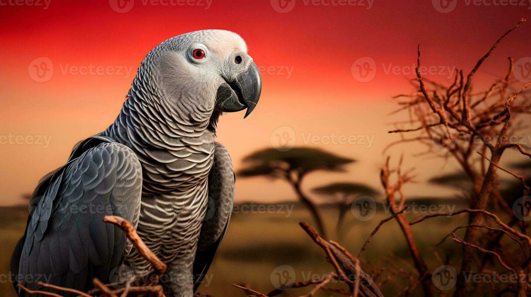 foto do africano cinzento papagaio em savana às pôr do sol. generativo ai