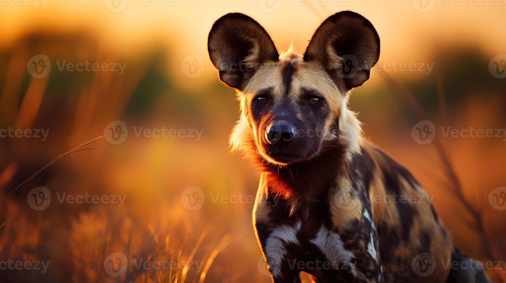 foto do africano selvagem cachorro em savana às pôr do sol. generativo ai