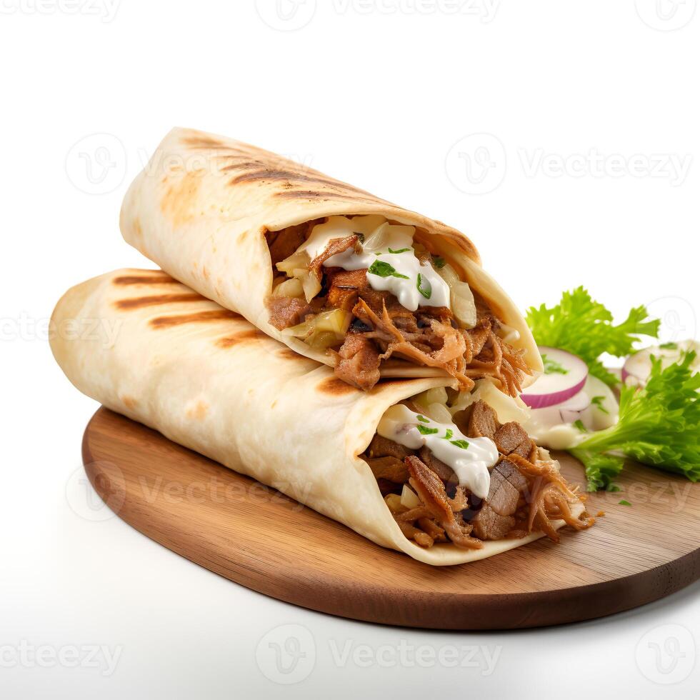 Comida fotografia do shawarma em de madeira borda isolado em branco fundo. generativo ai foto