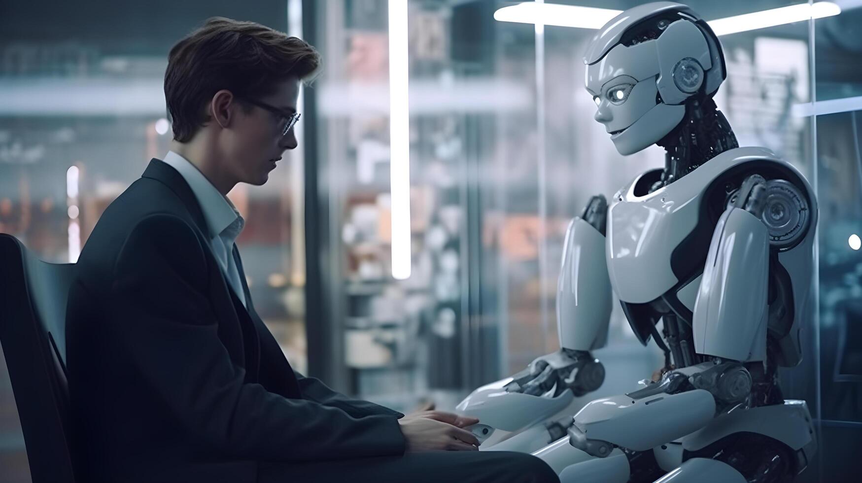 pessoa falando com humanóide ai robô. futurista tecnologia ou máquina Aprendendo conceitos. generativo ai tecnologia foto