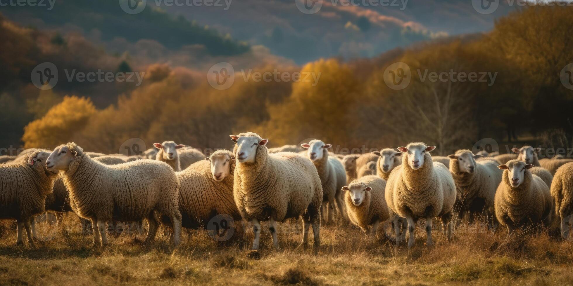 fofa feliz Cordeiro em a campo, ovelha generativo ai foto