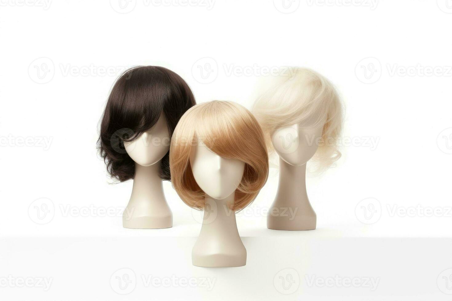 cabelo peruca sobre a plástico manequim cabeça isolado sobre a branco fundo, brincar apresentando contemporâneo mulheres penteados, generativo ai ilustração foto