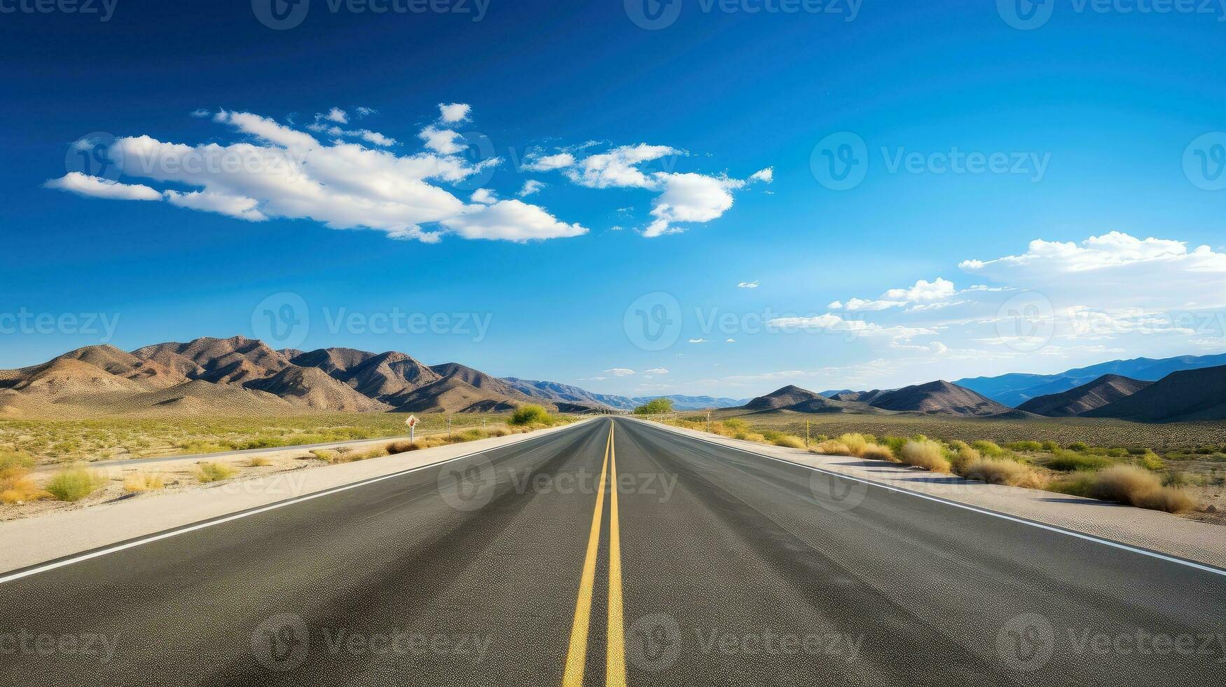 ilustração imagem do panorama com país estrada, esvaziar asfalto estrada em azul nublado céu fundo. multicolorido vibrante ao ar livre horizontal imagem, generativo ai ilustração foto