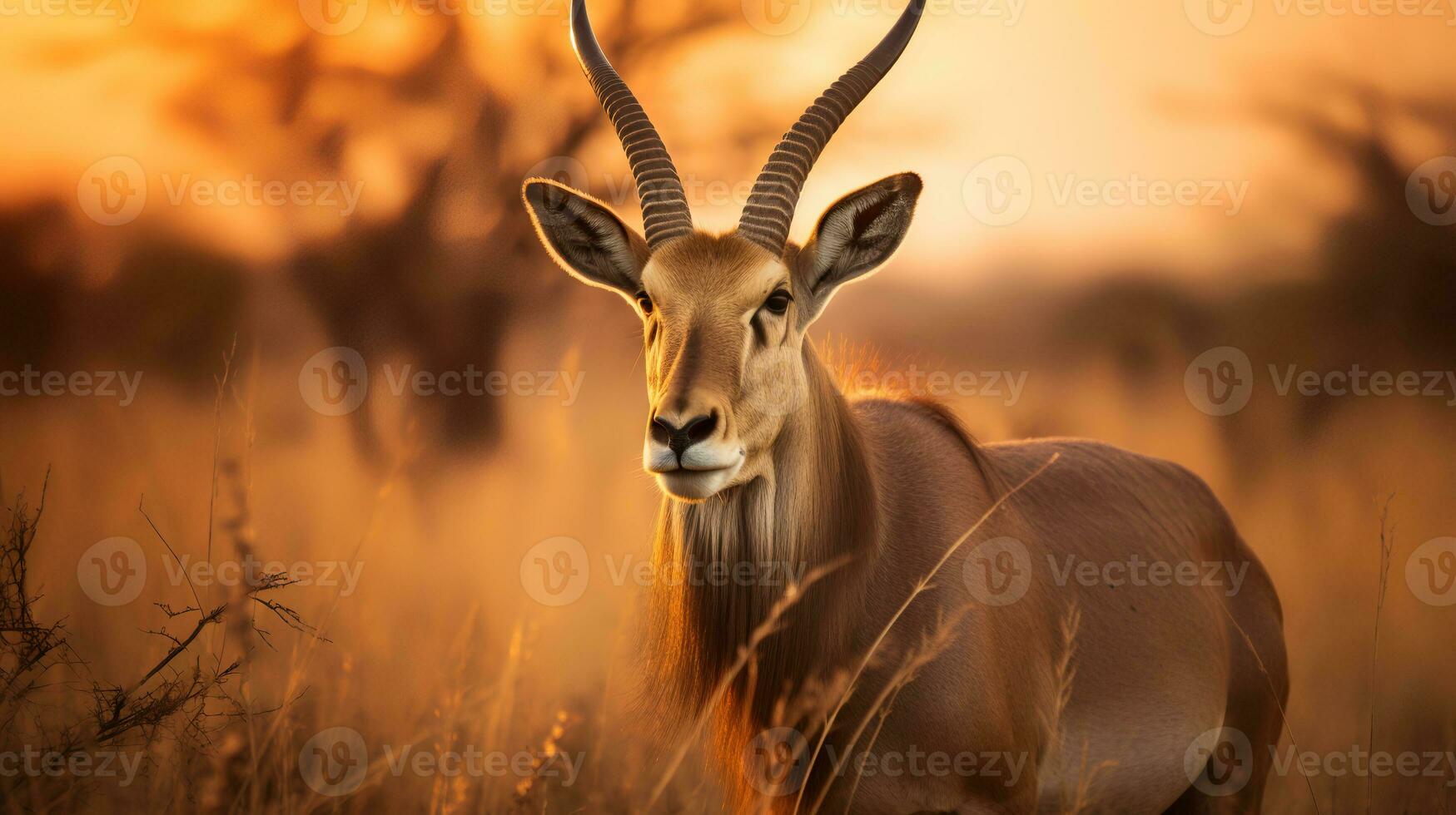 foto do waterbuck em savana às pôr do sol. generativo ai