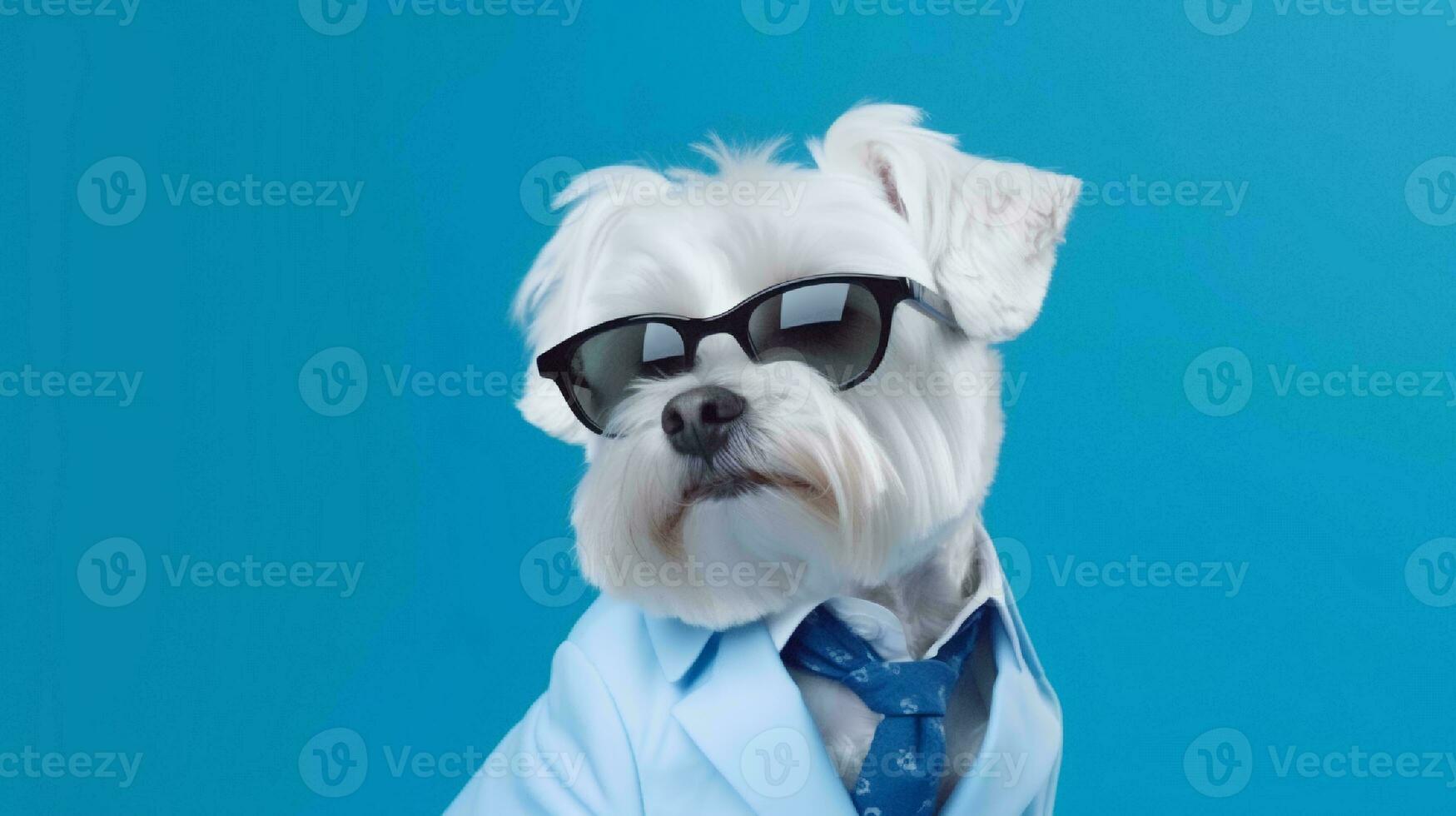 foto do arrogante maltês cachorro usando óculos e escritório terno em branco fundo. generativo ai