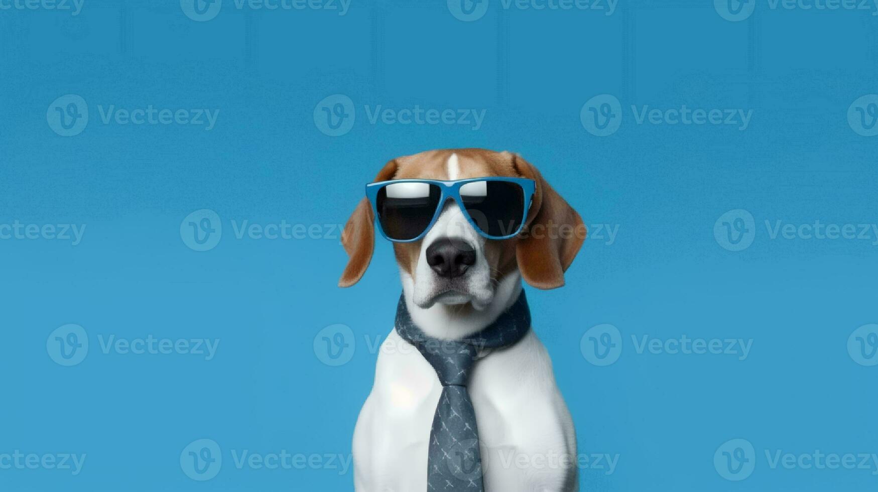 foto do arrogante beagle usando oculos de sol e escritório terno em branco fundo. generativo ai