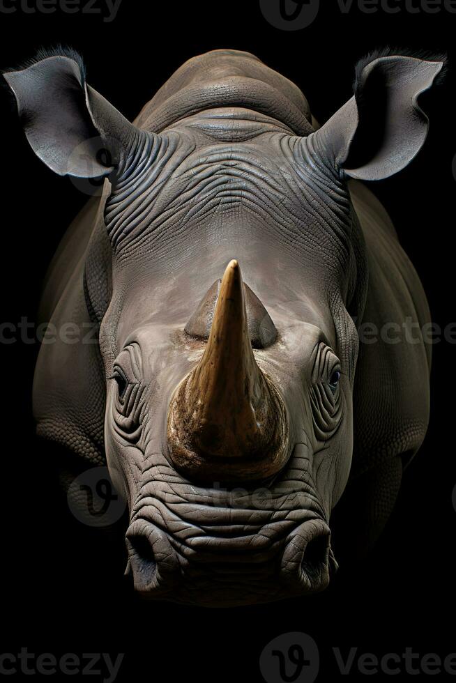 fechar acima foto do rinoceronte em Preto fundo. generativo ai