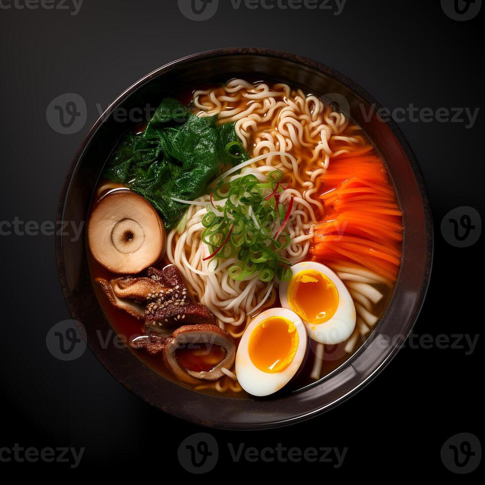 Comida fotografia do ramen em Sombrio tigela isolado em Sombrio fundo. generativo ai foto