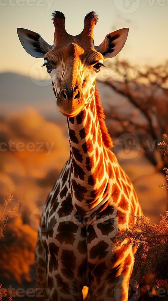 fechar acima foto do girafa em savana às pôr do sol. generativo ai