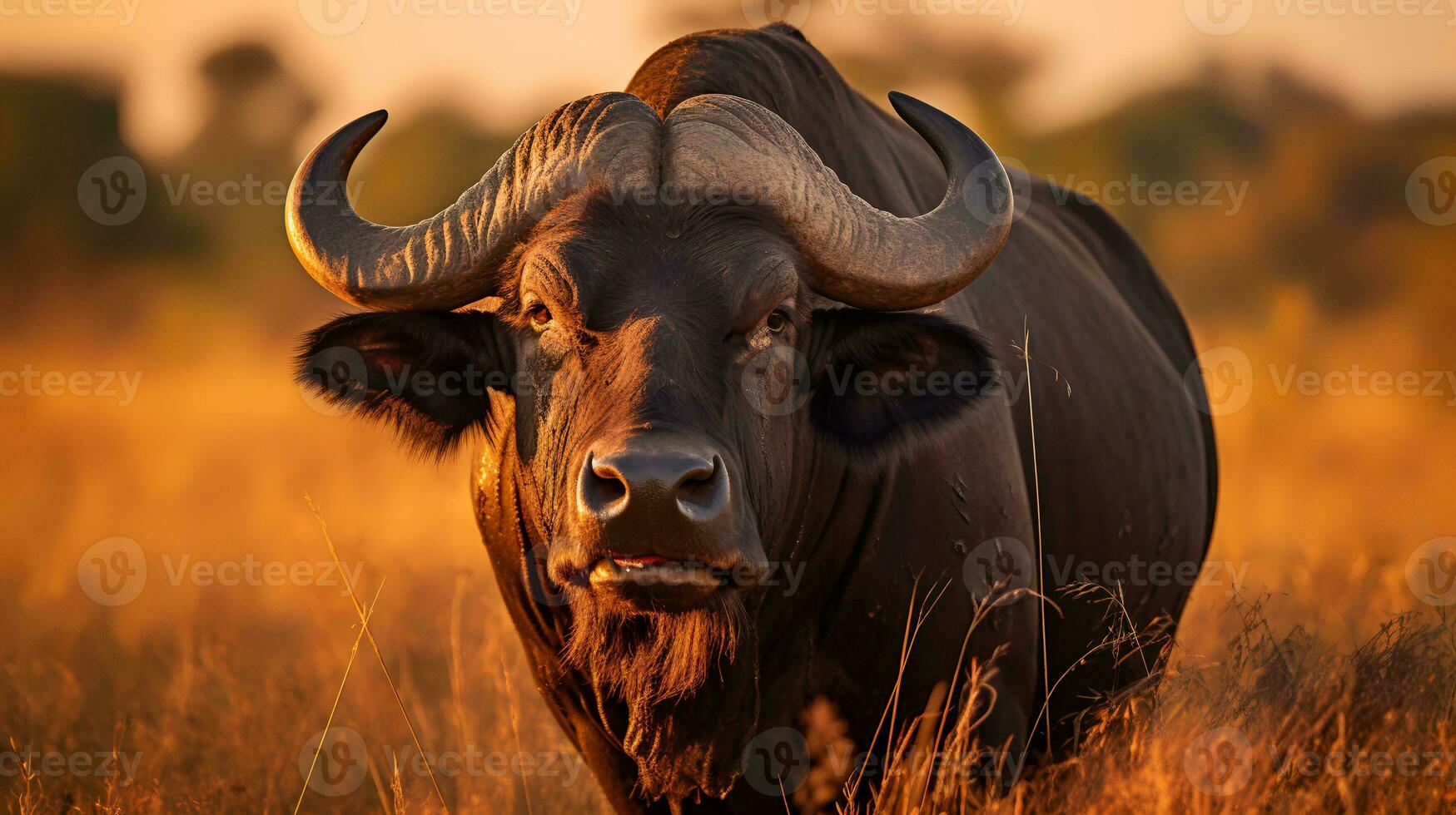 foto do búfalo em savana às pôr do sol. generativo ai