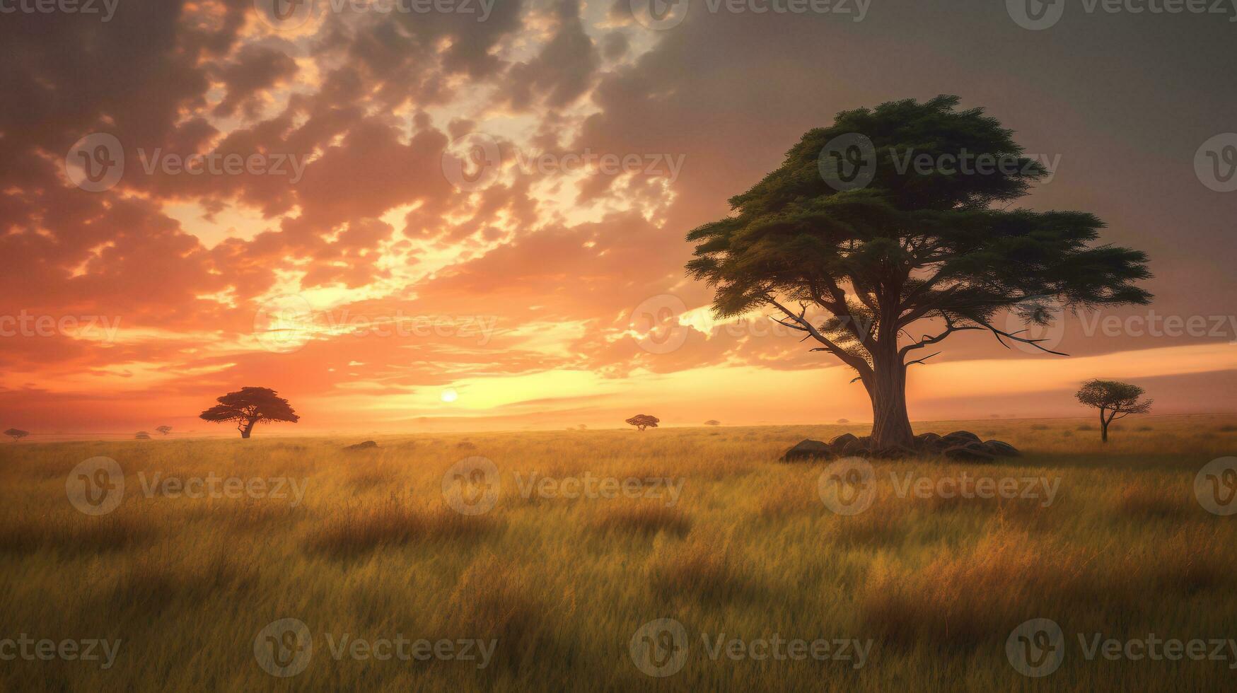 foto do savana às pôr do sol. generativo ai