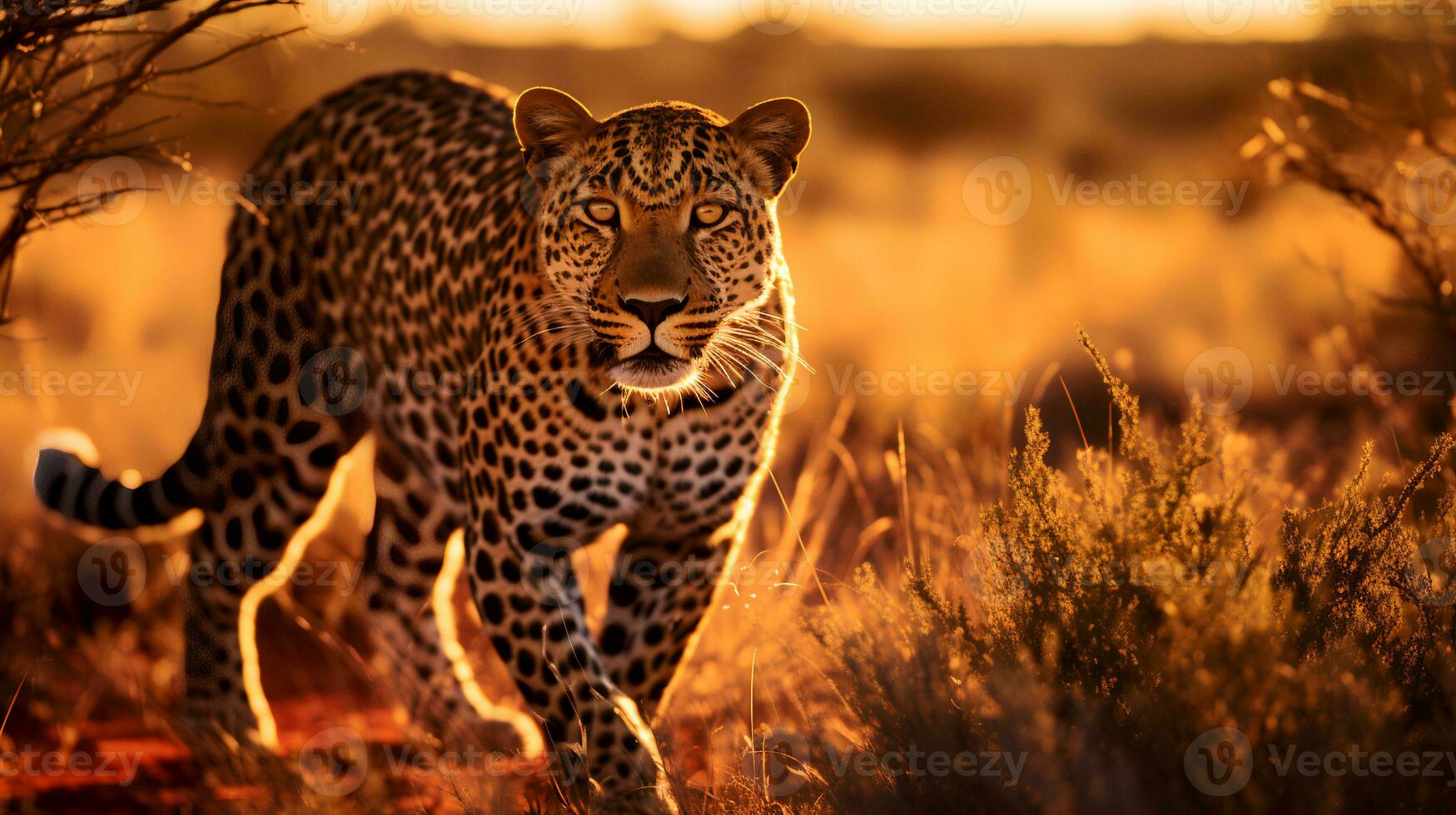 foto do leopardo em savana às pôr do sol. generativo ai