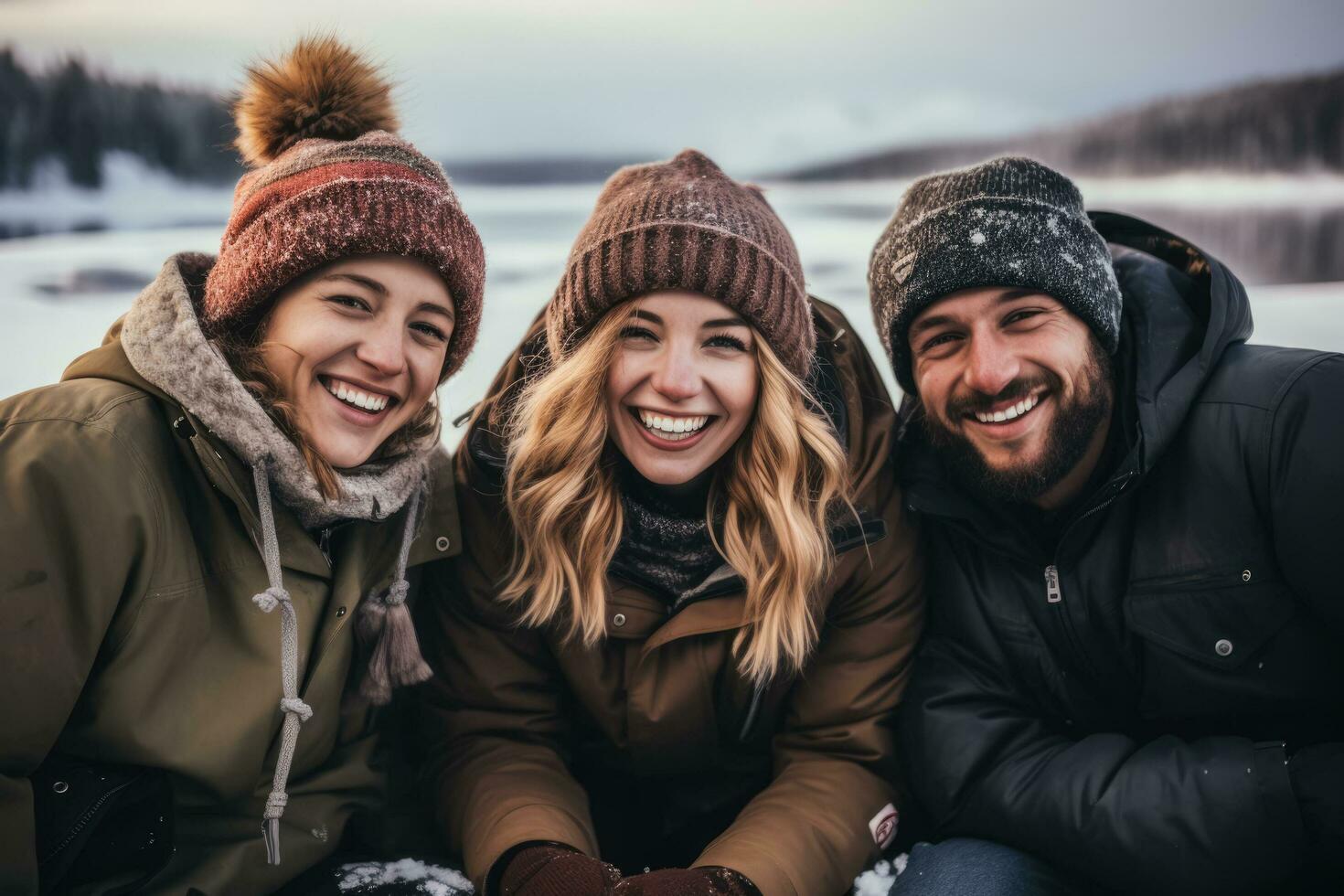 grupo do amigos gelo pescaria em uma congeladas lago todos dentro acolhedor blusas foto