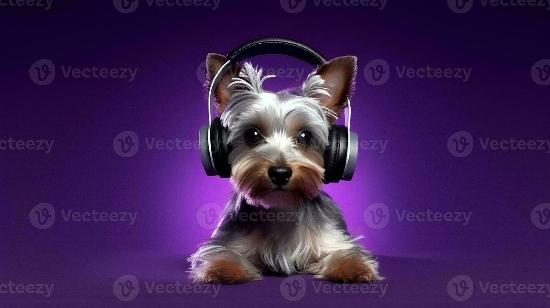 foto do yorkshire terrier usando fone de ouvido em roxa fundo