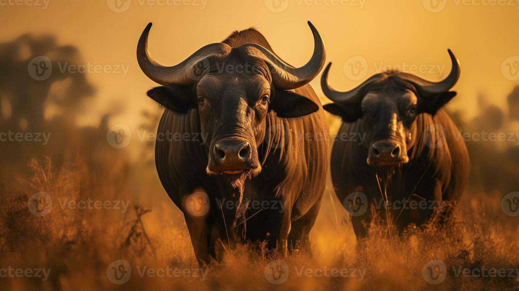 foto do búfalo em savana às pôr do sol. generativo ai