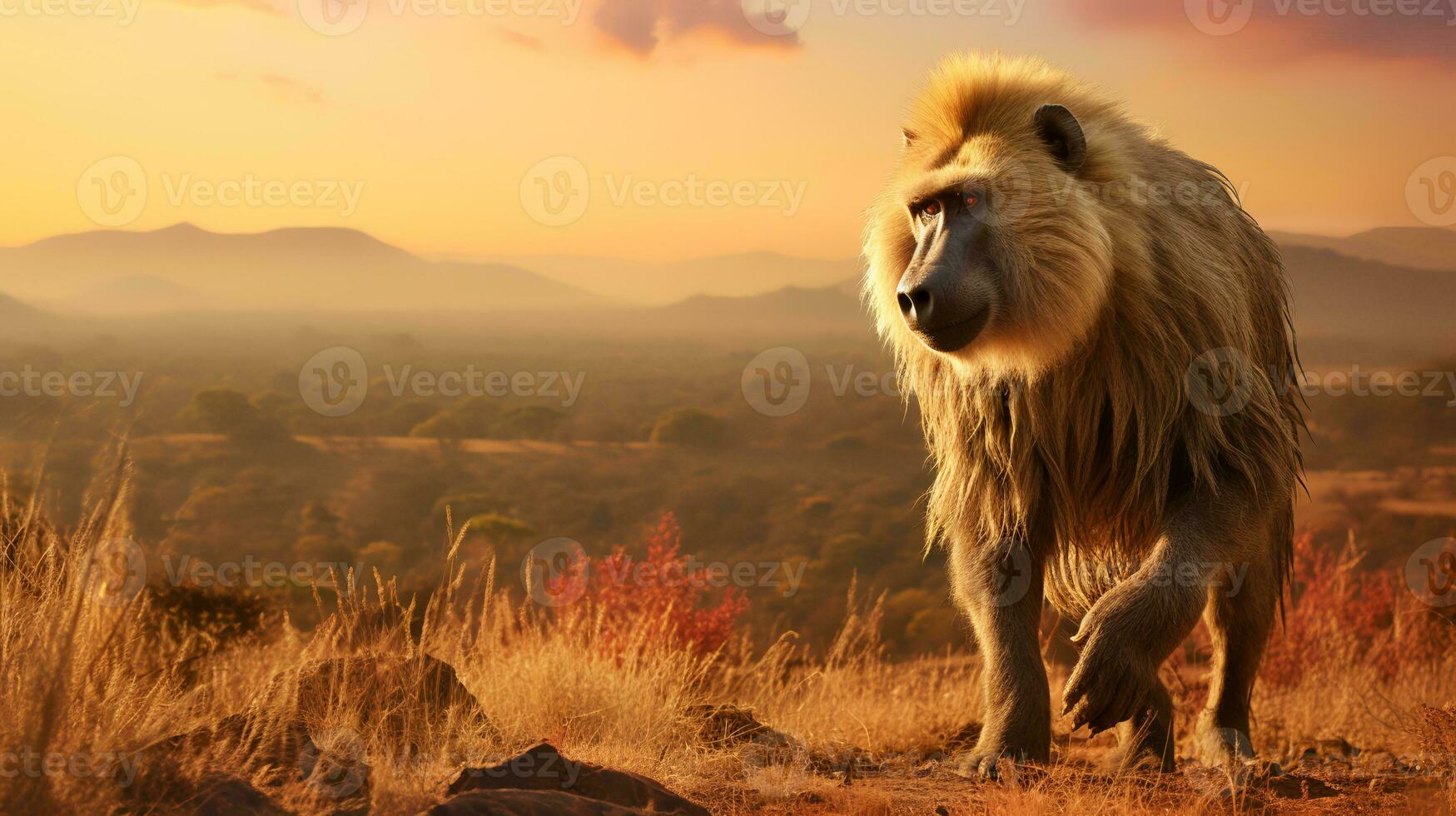 foto do babuíno em savana às pôr do sol. generativo ai