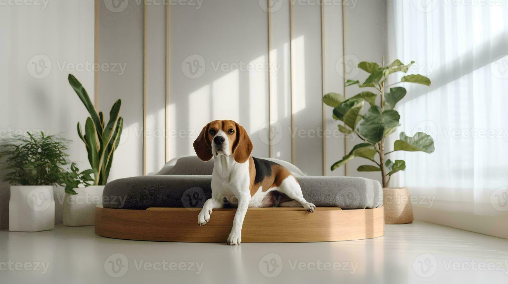 beagle cachorro deitado em cama dentro hotel com contemporâneo interior Projeto. generativo ai foto