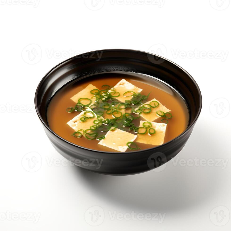 Comida fotografia do missô sopa em Preto tigela isolado em branco fundo. generativo ai foto