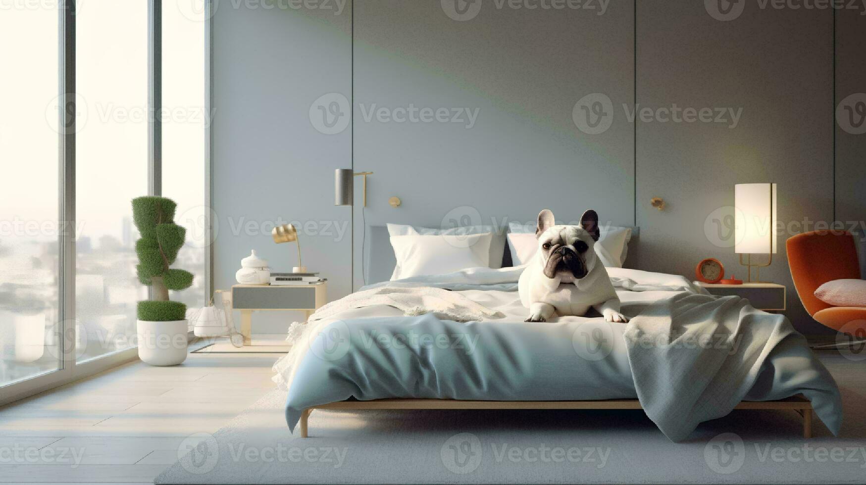 buldogue cachorro deitado em cama dentro hotel com contemporâneo interior Projeto. generativo ai foto