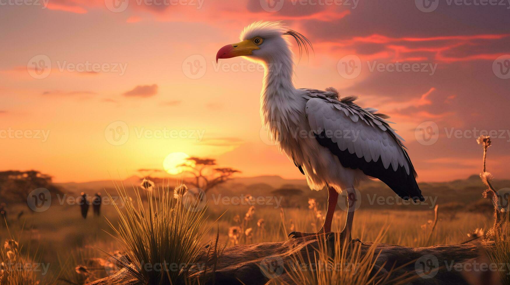 foto do secretário pássaro em savana às pôr do sol. generativo ai