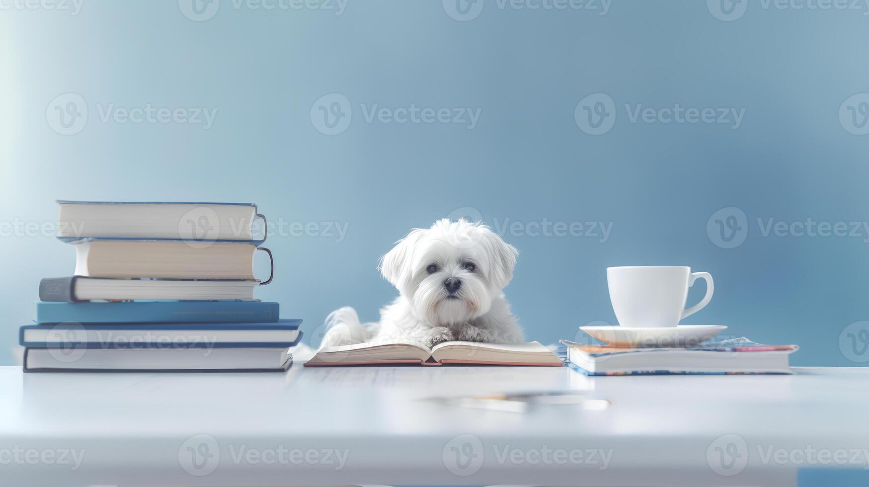 uma maltês cachorro dentro uma suéter senta estudando acompanhado de uma copo e pilhas do livros. generativo ai foto