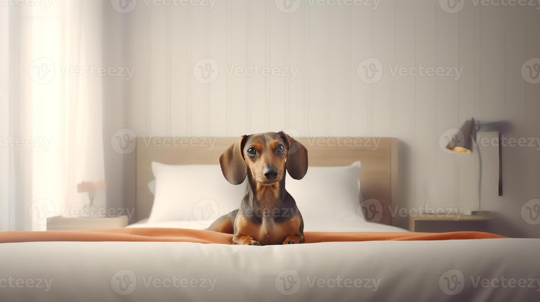 dachshund cachorro deitado em cama dentro hotel com contemporâneo interior Projeto. generativo ai foto