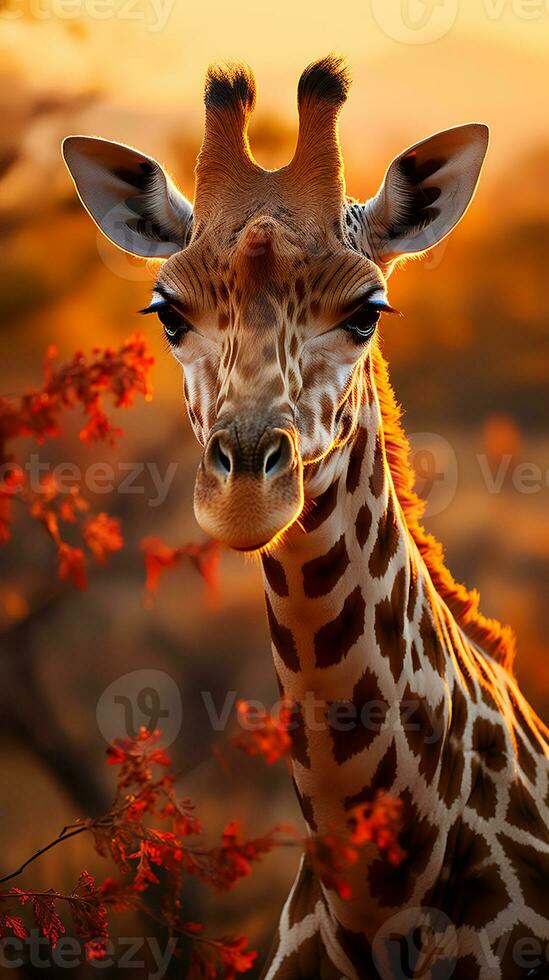 fechar acima foto do girafa em savana às pôr do sol. generativo ai