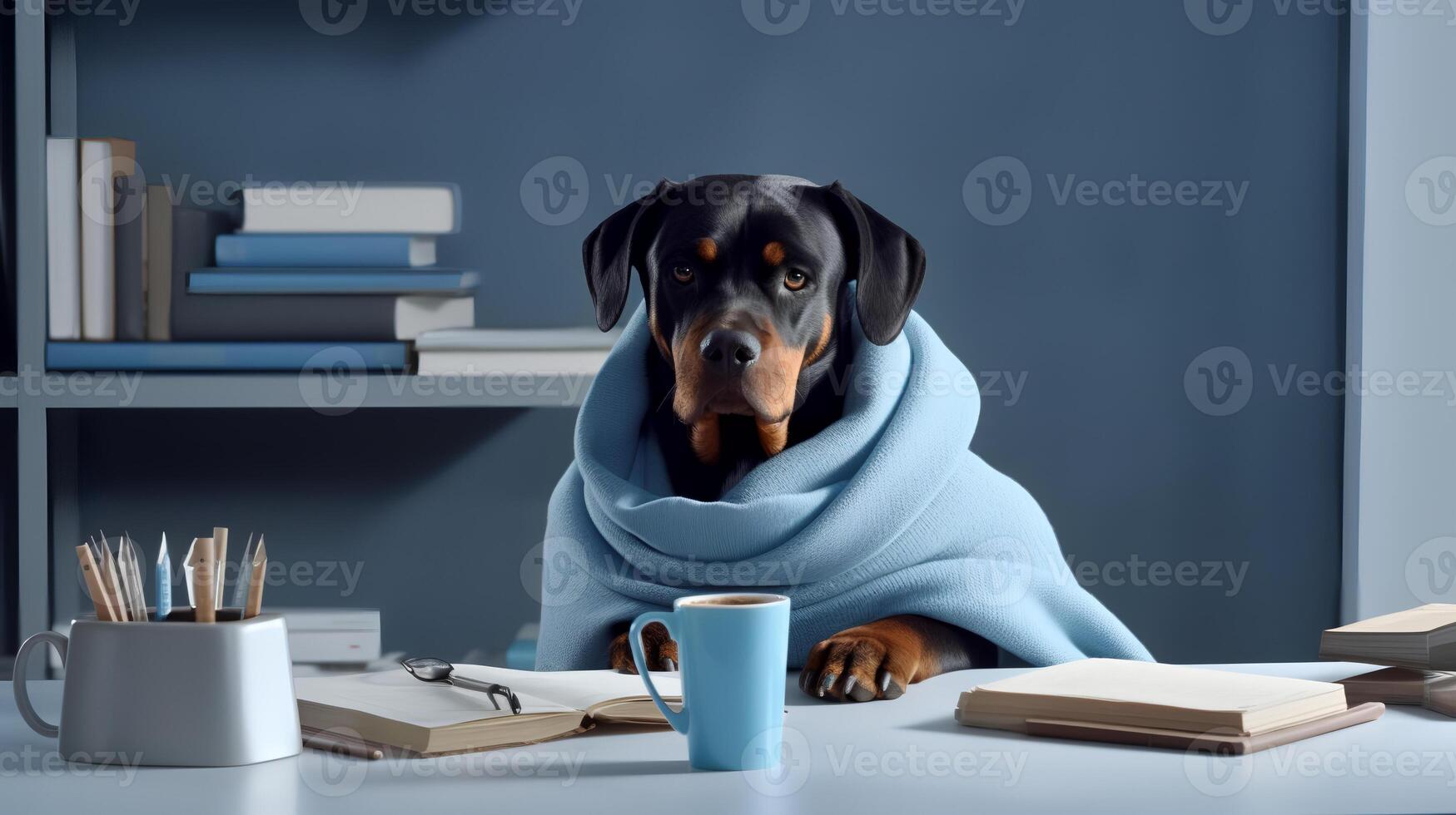 uma rottweiler cachorro dentro uma suéter senta estudando acompanhado de uma copo e pilhas do livros. generativo ai foto