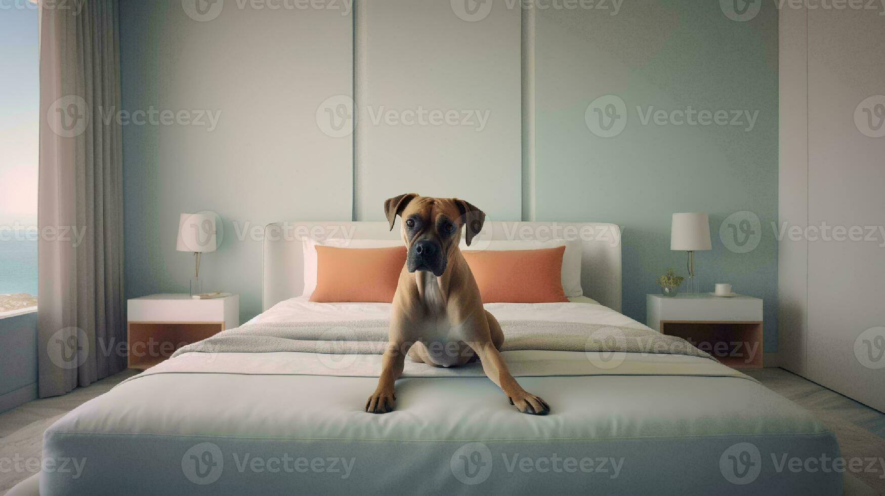 boxer cachorro deitado em cama dentro hotel com contemporâneo interior Projeto. generativo ai foto