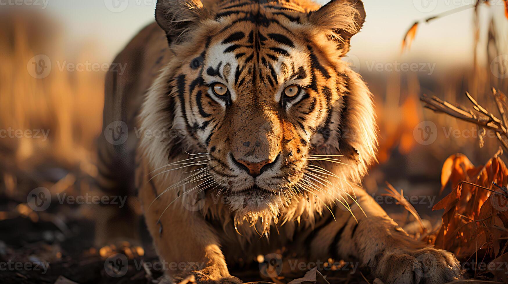 foto do tigre em savana às pôr do sol. generativo ai