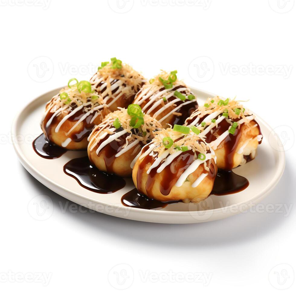 Comida fotografia do takoyaki em prato isolado em branco fundo. generativo ai foto