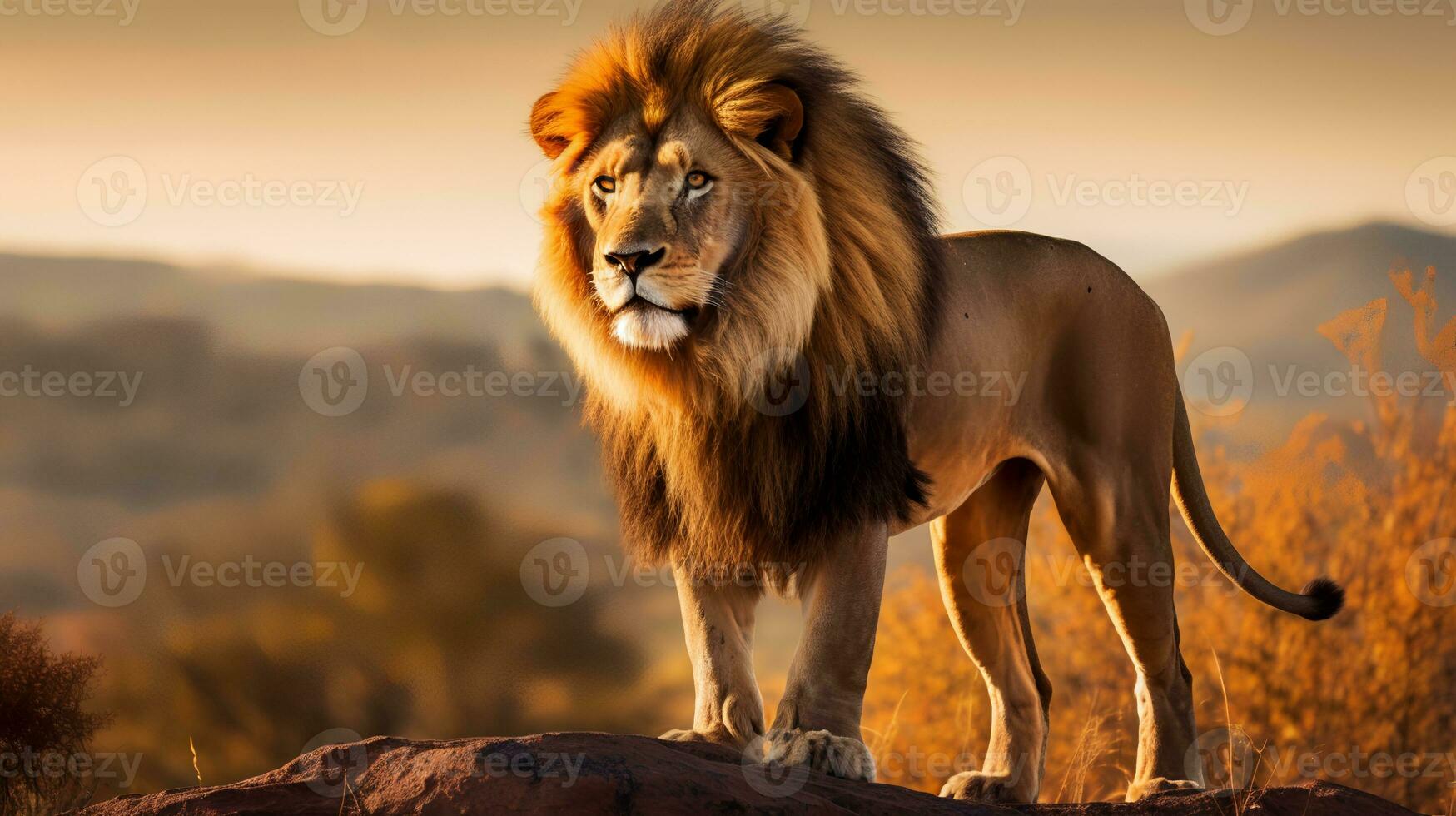 foto do leão em savana às pôr do sol. generativo ai