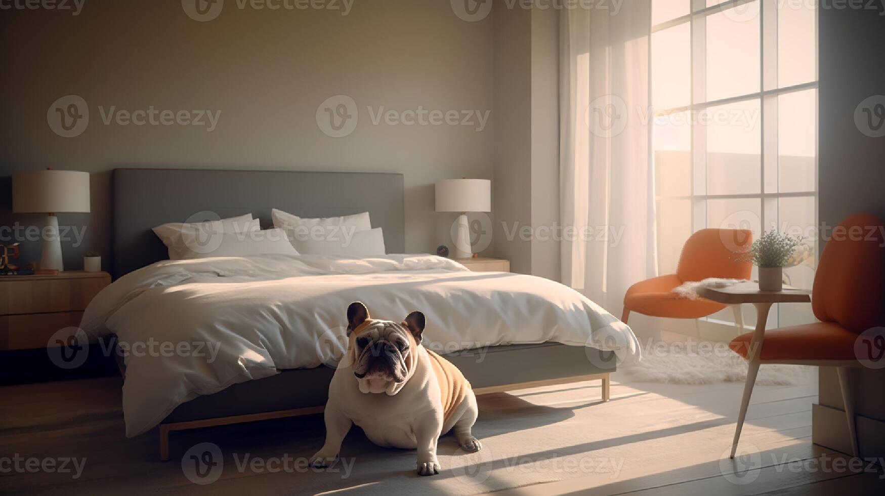 buldogue cachorro deitado em cama dentro hotel com contemporâneo interior Projeto. generativo ai foto