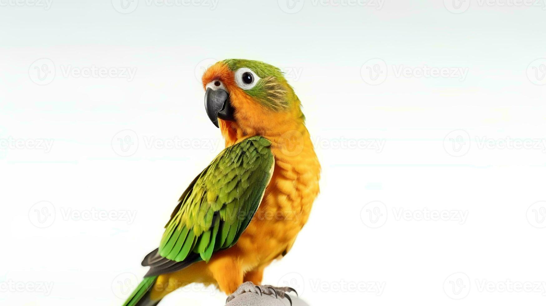 foto do uma conure pássaro em branco fundo. generativo ai