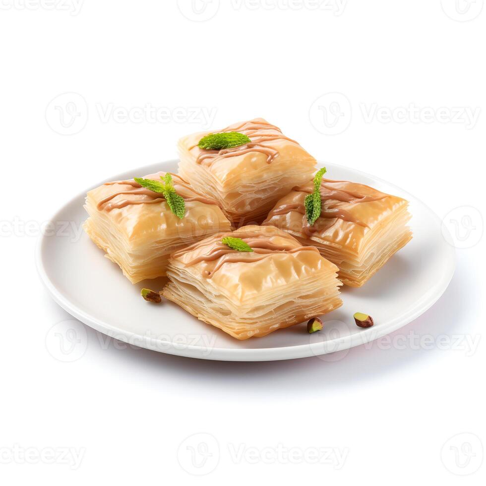 foto do baklava em prato isolado em branco fundo. criada de generativo ai