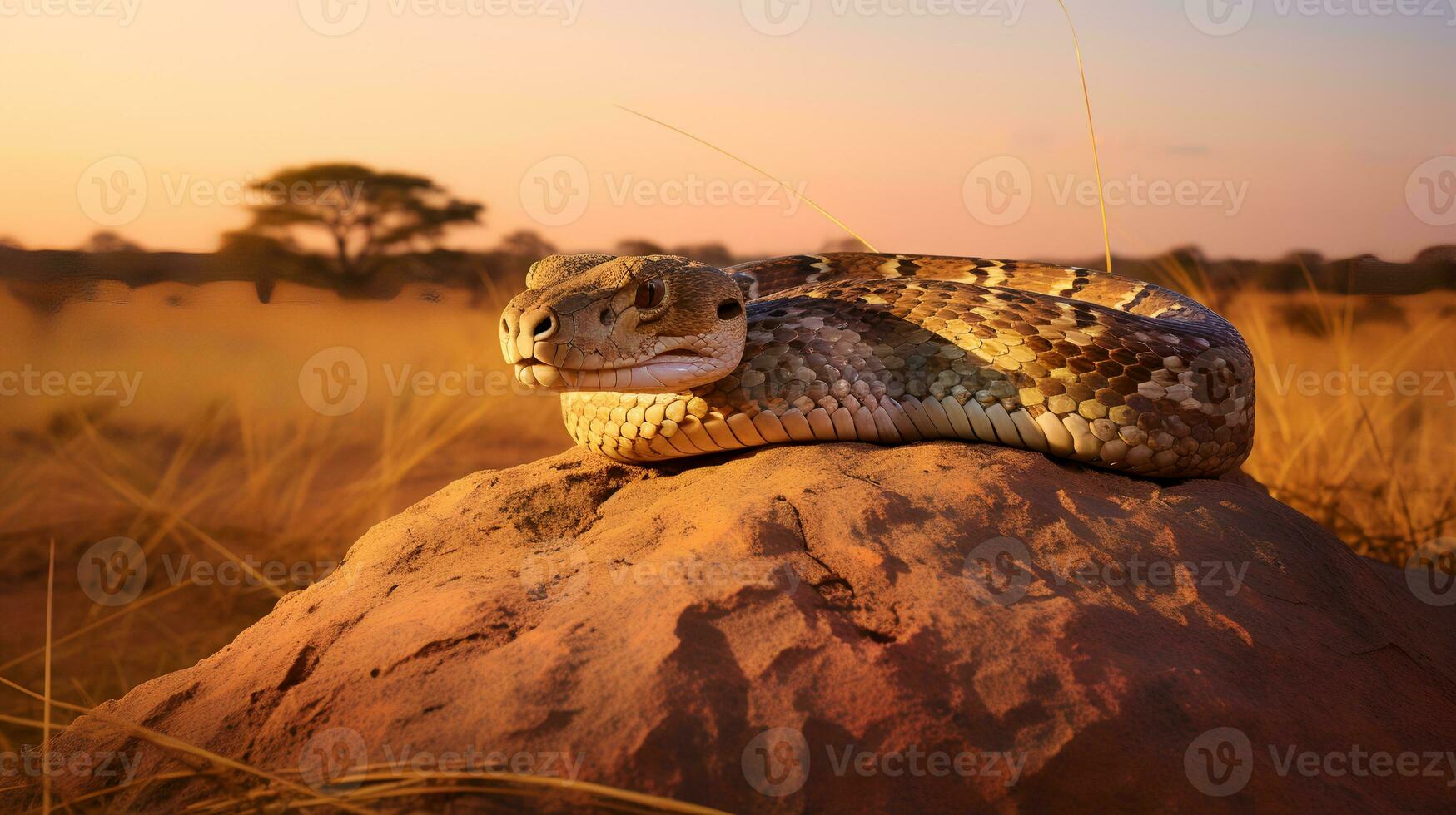 foto do africano Pitão em savana às pôr do sol. generativo ai