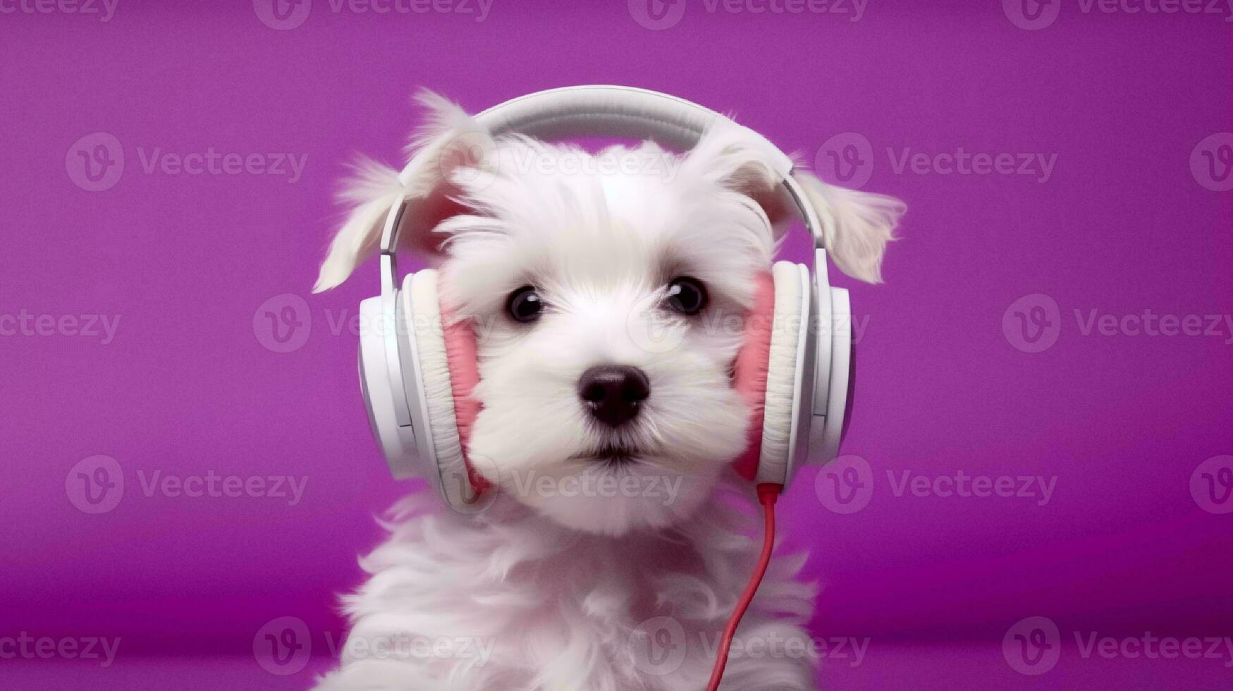 foto do uma bichon fogo cachorro usando fone de ouvido em branco fundo. generativo ai