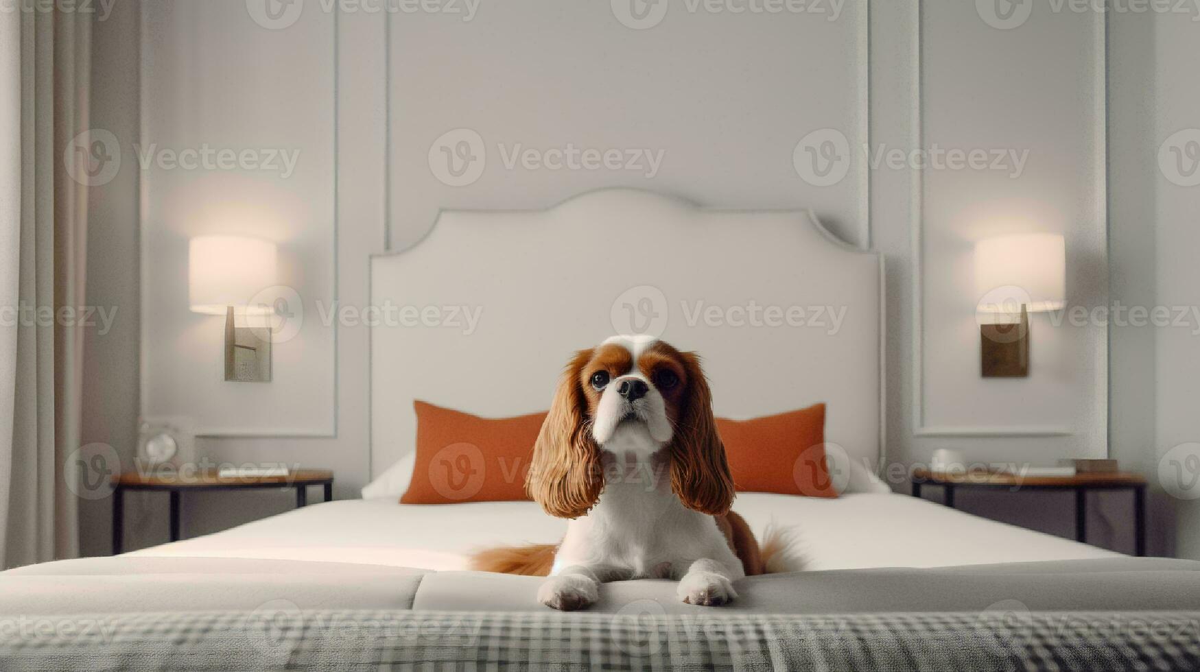 descuidado cachorro deitado em cama dentro hotel com contemporâneo interior Projeto. generativo ai foto