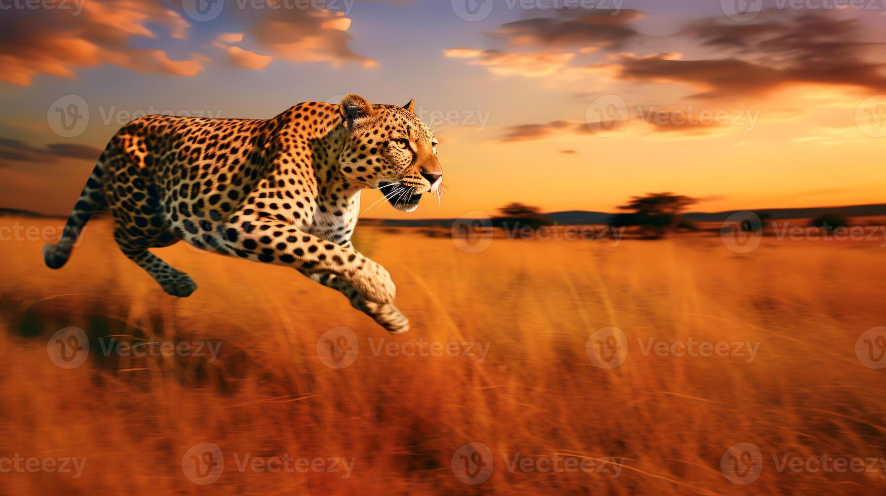 foto do jaguar em savana às pôr do sol. generativo ai