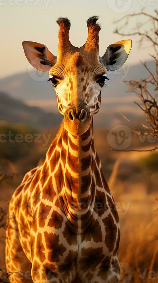 fechar acima foto do girafa em savana às pôr do sol. generativo ai